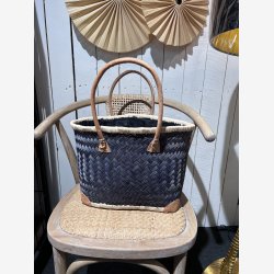 Madam Grskar - Strandtaske sildebens flet Bl/Gr