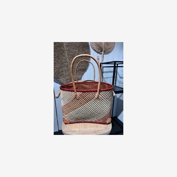 Madam Grskar - Strandtaske m. 3D sildebens flet, Orange/Grn og Natur