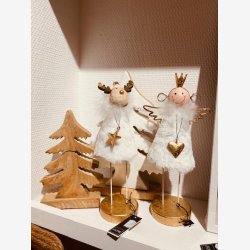 J-Line - Engel/Rensdyr Figur m/Fod Pels/Tr Hvid/Guld H: 23 L: 9 B: 7,5 cm.