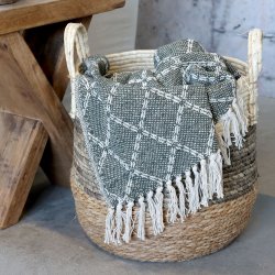 Chic Antique - Aix Plaid af overskudsgarn, L150/B130 cm oliven og creme, Bomuld, Genbrugsfibre