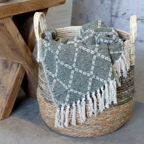 Chic Antique - Aix Plaid af overskudsgarn, L150/B130 cm oliven og creme, Bomuld, Genbrugsfibre