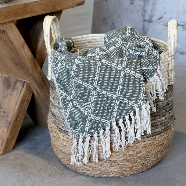 Chic Antique - Aix Plaid af overskudsgarn, L150/B130 cm oliven og creme, Bomuld, Genbrugsfibre