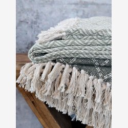 Chic Antique - Aix Plaid af overskudsgarn, L150/B130 cm oliven og creme, Bomuld, Genbrugsfibre