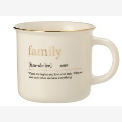 J-Line - Krus m/hank &amp; tekst "FAMILLE" �: 9,5 H: 9,5 cm. Porcel�n Hvid/Guld