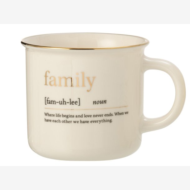 J-Line - Krus m/hank &amp; tekst "FAMILLE" �: 9,5 H: 9,5 cm. Porcel�n Hvid/Guld