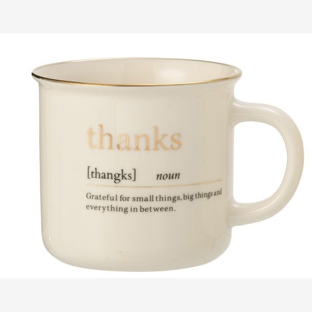 J-Line - Krus m/hank &amp; tekst "THANKS" �: 9,5 H: 9,5 cm. Porcel�n Hvid/Guld
