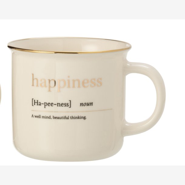 J-Line - Krus m/hank &amp; tekst "HAPPINESS" �: 9,5 H: 9,5 cm. Porcel�n Hvid/Guld