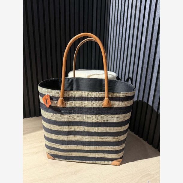 Madam Gr�skar - Strandtaske m. tykke striber Sort/Beige 50x38,5cm.