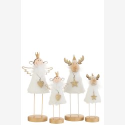 J-Line - Engel/Rensdyr Figur m/Fod Pels/Tr Hvid/Guld H: 23 L: 9 B: 7,5 cm.