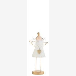 J-Line - Engel/Rensdyr Figur m/Fod Pels/Tr Hvid/Guld H: 23 L: 9 B: 7,5 cm.