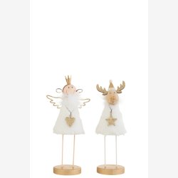 J-Line - Engel/Rensdyr Figur m/Fod Pels/Tr Hvid/Guld H: 23 L: 9 B: 7,5 cm.