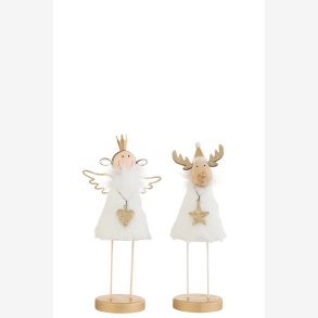 J-Line - Engel/Rensdyr Figur m/Fod Pels/Tr Hvid/Guld H: 23 L: 9 B: 7,5 cm.