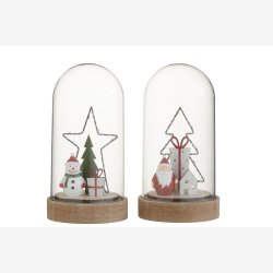 J-Line - Glasklokke m/LED Batteri lys - Stjerne &amp; Snemand / Juletr &amp; Julemand H: 20 : 10,5 cm.