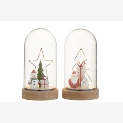 J-Line - Glasklokke m/LED Batteri lys - Stjerne &amp; Snemand / Juletr &amp; Julemand H: 20 : 10,5 cm.