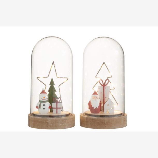 J-Line - Glasklokke m/LED Batteri lys - Stjerne &amp; Snemand / Juletr &amp; Julemand H: 20 : 10,5 cm.