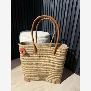 Madam Gr�skar - Strandtaske m. striber Br�ndt gul/Beige 44x35cm.