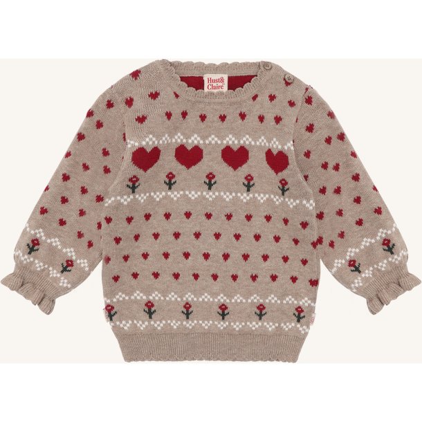 Hust &amp; Claire - Striksweater - Beige m. hjerter