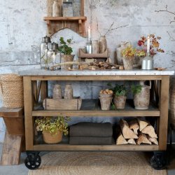 Chic Antique - Kkken p hjul m. zinktop og hylder H90/L120/B59,5 cm natur