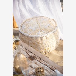 J-Line - Puf Rund m. elefanter+spejle Creme/Guld Bomuld 54x54x30cm.