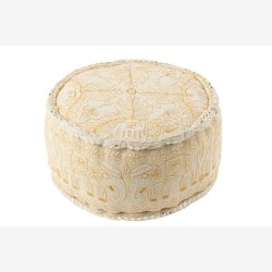 J-Line - Puf Rund m. elefanter+spejle Creme/Guld Bomuld 54x54x30cm.