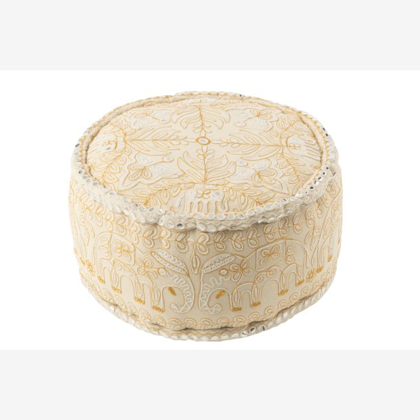 J-Line - Puf Rund m. elefanter+spejle Creme/Guld Bomuld 54x54x30cm.
