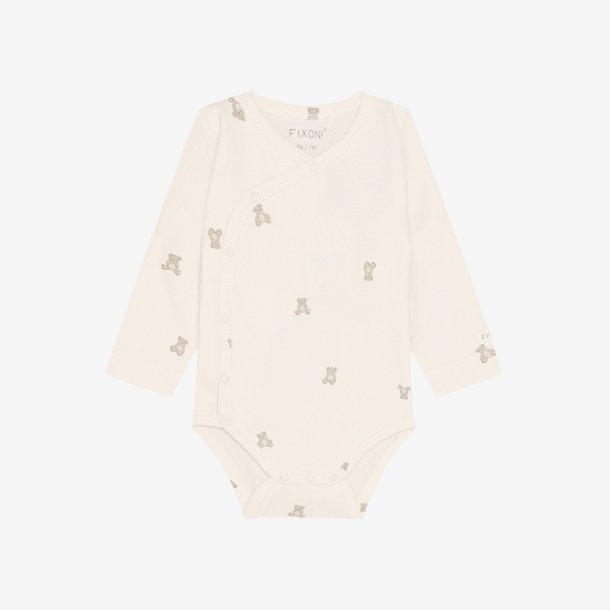 Fixoni - Body m. skr�lukning hvid m. Bamseprint, lange �rmer