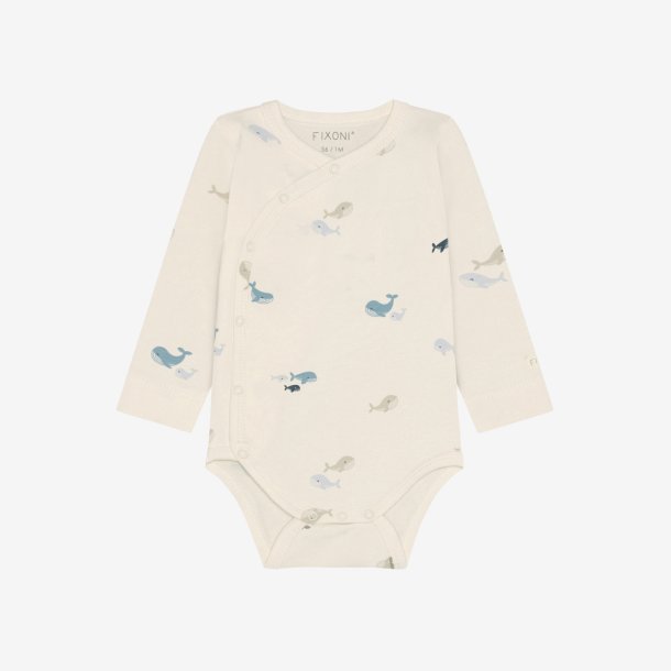 Fixoni - Body m. skr�lukning hvid m. Hval print, lange �rmer