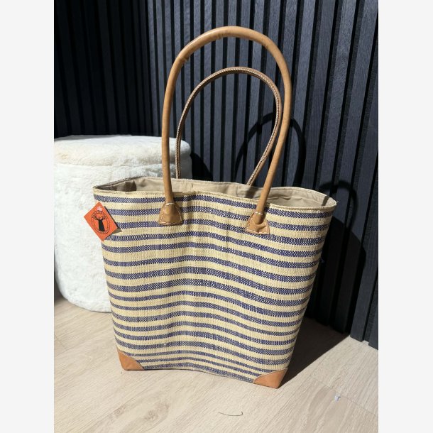 Madam Gr�skar - Strandtaske m. striber M�rkebl�/Beige 44x37cm.
