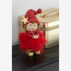 J-Line - Julepige m/imiteret pels sk�rt R�d Poly H: 19 cm. 