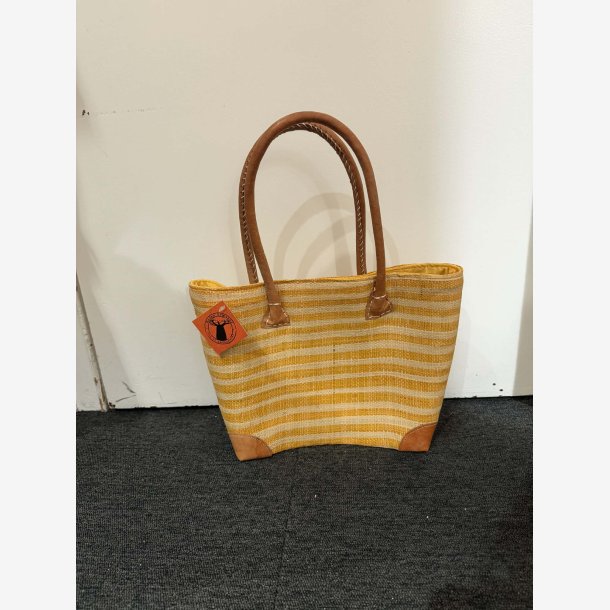 Madam Gr�skar - Strandtaske m. striber Gul/Hvid 34x25 cm.