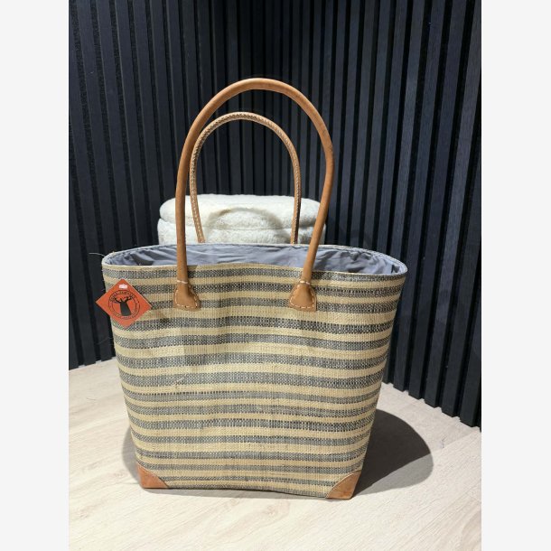 Madam Gr�skar - Strandtaske m. striber Lysebl�/Beige 46x36cm.