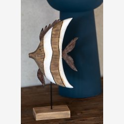 J-Line - Stribet Fisk p� fod Tr� Brun/Hvid 14x6x28,5cm.