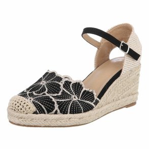 OLGA - Espadrillos m/kileh�l & blomster detaljer Sort
