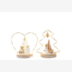 J-Line - Dekoration m/LED Batteri lys - Hjerte &amp; Bamse / Juletr &amp; Snemand H: 17 B: 13,5 D: 9,5 cm. 