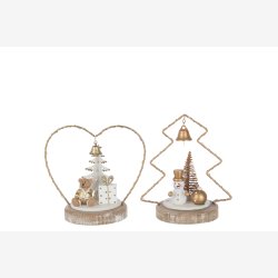 J-Line - Dekoration m/LED Batteri lys - Hjerte &amp; Bamse / Juletr &amp; Snemand H: 17 B: 13,5 D: 9,5 cm. 