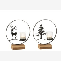 J-Line - Lysestage t/fyrfadslys m/rensdyr eller juletr metal/tr/glas H: 24 B: 20 D: 6 cm. 