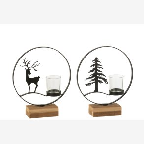 J-Line - Lysestage t/fyrfadslys m/rensdyr eller juletr metal/tr/glas H: 24 B: 20 D: 6 cm. 