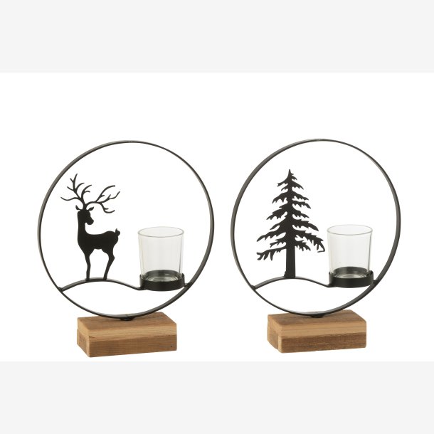 J-Line - Lysestage t/fyrfadslys m/rensdyr eller juletr metal/tr/glas H: 24 B: 20 D: 6 cm. 