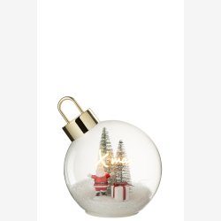 J-Line - Glas Julekugle m/dekoration sne &amp; Julemand - Batteri LED tekst "X mas" H: 18 : 15 cm.