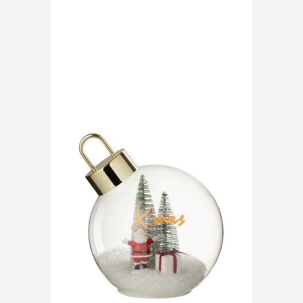 J-Line - Glas Julekugle m/dekoration sne &amp; Julemand - Batteri LED tekst "X mas" H: 18 : 15 cm.