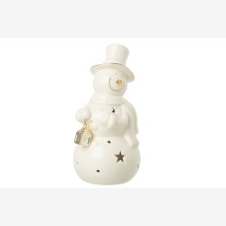 J-Line - Snemand m/LED batteri lys - Porceln Beige/Guld H: 21,5 : 11 cm. 