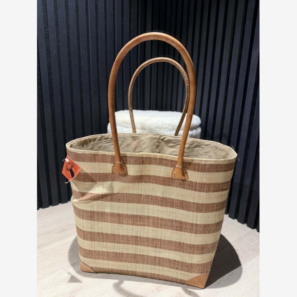 Madam Gr�skar - Strandtaske m. tykke striber Br�ndt orange/beige 44x37cm.