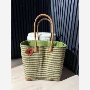 Madam Gr�skar - Strandtaske m. striber Lysegr�n/Beige 43x34cm.