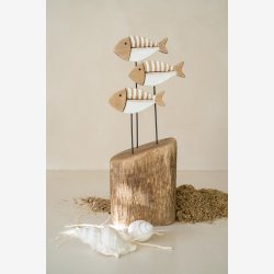 J-Line - 3 Fisk p� fod Naturlig/Hvid Tr� 12x8x26,5cm.