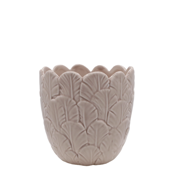 Chic Antique - Fayence Urtepotteskjuler m/fjer Taupe H: 13,5 : 13,5 cm.