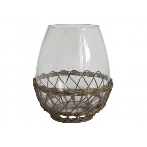 Chic Antique - Hurricane/vase m/flet glas/Rattan H: 30,5 : 26 cm.