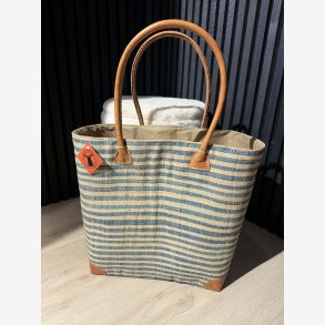 Madam Gr�skar - Strandtaske m. striber Lysebl�/Beige 45x38cm.