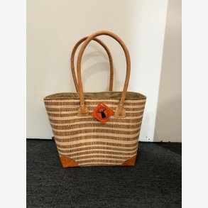 Madam Gr�skar - Strandtaske m/striber Brun/beige 35x24 cm.