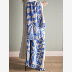 Bloomingville - Plaid m/frynser &amp; Bladranker 160x130 cm. Genanvendt Bomuld Bl