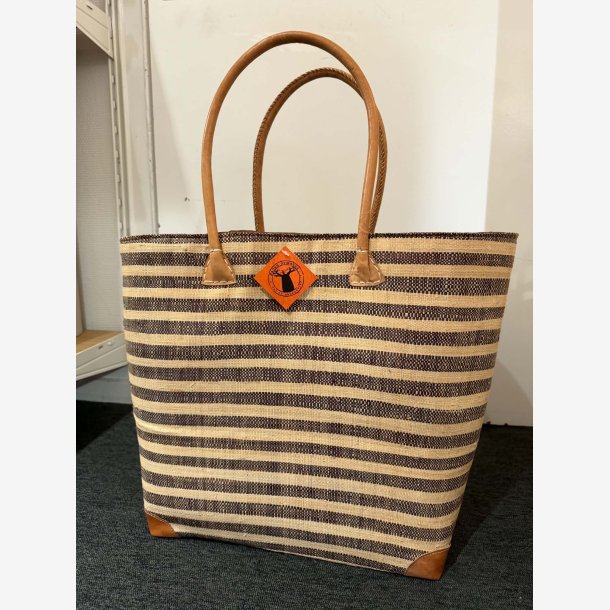 Madam Gr�skar - Strandtaske m/striber Brun 50x41 cm.
